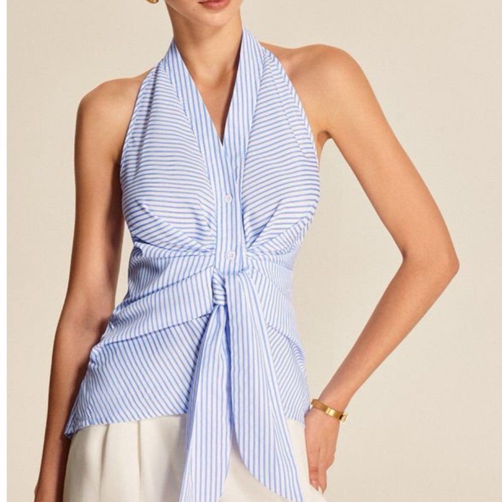 Commense Blue and White Asymmetrical Tie Front Blouse